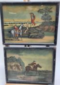 Pair of late 19th / early 20th century reverse paintings on glass, hunting scenes