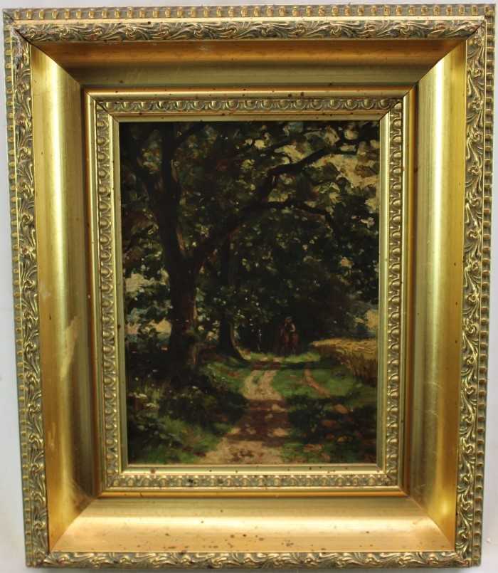 Allan Ramsey, early 20th century oil on board, figure on a track, 21cm x 16cm, in gilt frame.