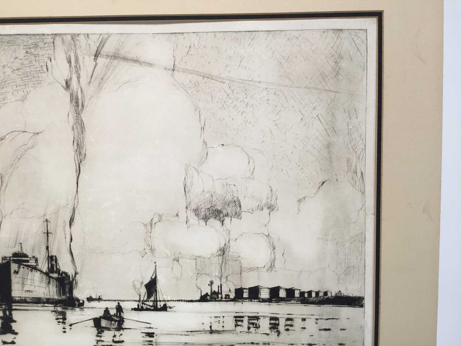 Frank Mason (1876-1965) signed black and white etching - shipping and other craft, 38cm x 45cm, moun - Image 5 of 8