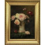 English School early 20th Century, oil on canvas - Roses in a vase, 29cm x 21cm, framed