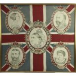 Queen Victoria Diamond Jubilee commemorative scarf, 65cm x 70cm in glazed frame