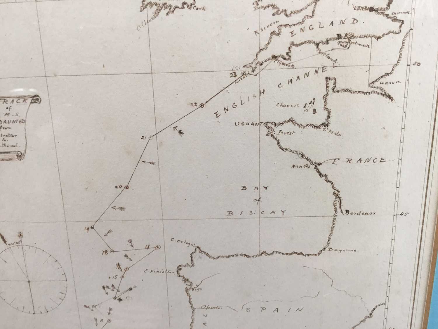 Lt. Robertson R.N., 1870s pen and ink map, 'Track of H.M.S. Undaunted from Gibraltar to Spithead', 2 - Image 4 of 7