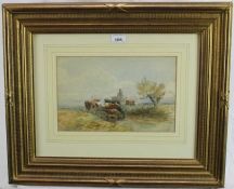 Henry Birtles (1838-1907) watercolour, figures and cattle, signed.