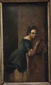 Continental school 19th century oil on metal - portrait of a lady at a door, 7cm x 12cm, framed