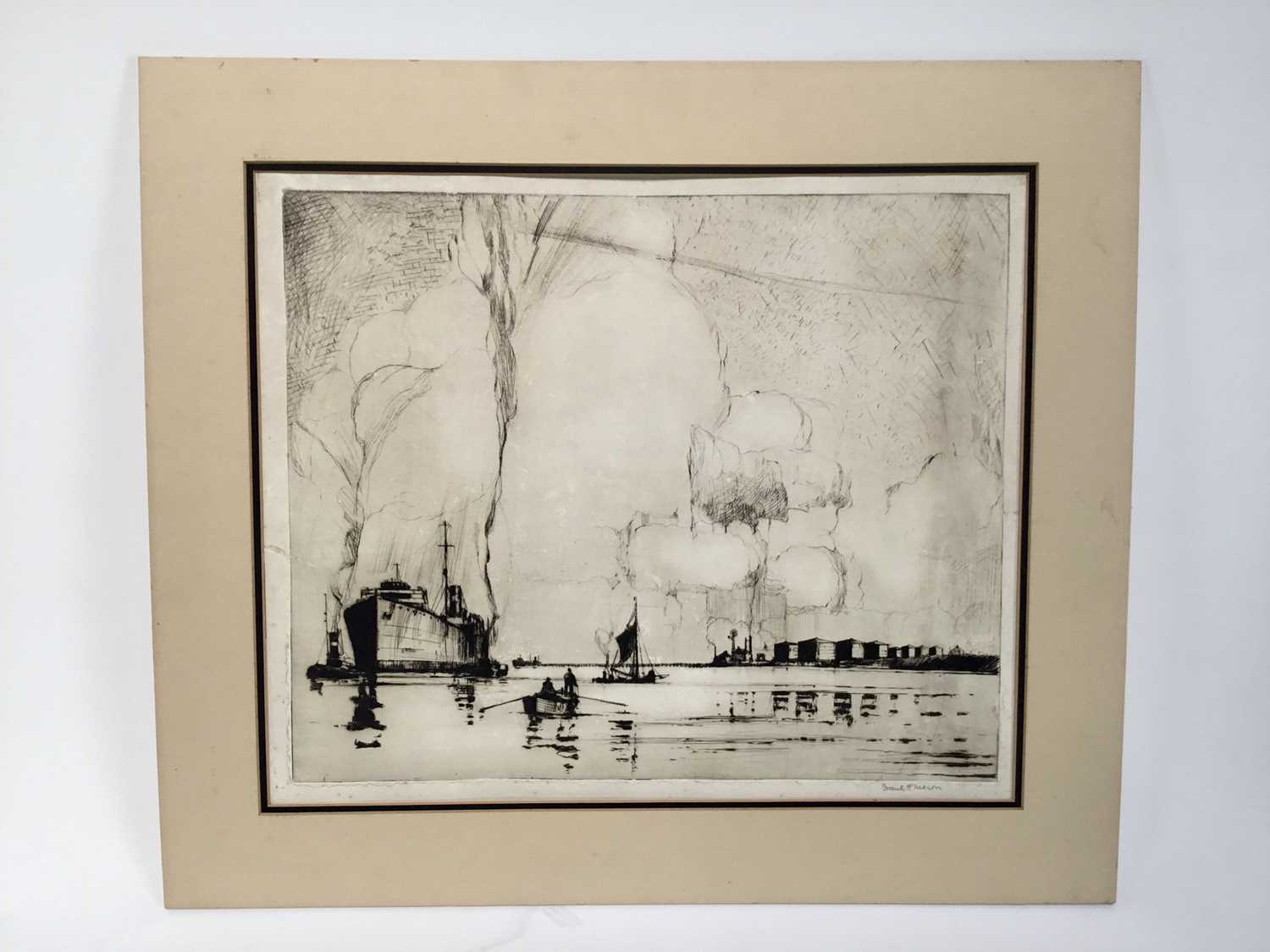 Frank Mason (1876-1965) signed black and white etching - shipping and other craft, 38cm x 45cm, moun - Image 2 of 8
