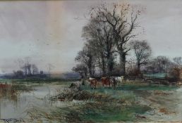 Henry Charles Fox (1860-1929) watercolour, figure and cattle by the river, signed and dated 1903.