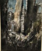 Trevor Newton, contemporary, mixed media on paper - Ruins of Kenmure Castle, Dumfries, signed, title
