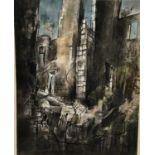 Trevor Newton, contemporary, mixed media on paper - Ruins of Kenmure Castle, Dumfries, signed, title