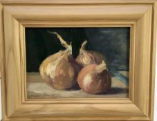 James Hewitt (b. 1934) oil on card - 'Study of Onions’, signed, 18cm x 13cm, framed