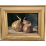 James Hewitt (b. 1934) oil on card - 'Study of Onions’, signed, 18cm x 13cm, framed