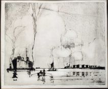 Frank Mason (1876-1965) signed black and white etching - shipping and other craft, 38cm x 45cm, moun