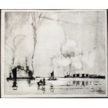 Frank Mason (1876-1965) signed black and white etching - shipping and other craft, 38cm x 45cm, moun