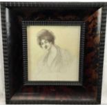 19th century English School - pencil study of a woman, 14cm x 16cm, in faux tortoiseshell frame.