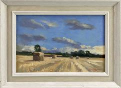 James Hewitt (b. 1934) oil on board - 'Harvest Time, Gt. Braxted’, signed, framed