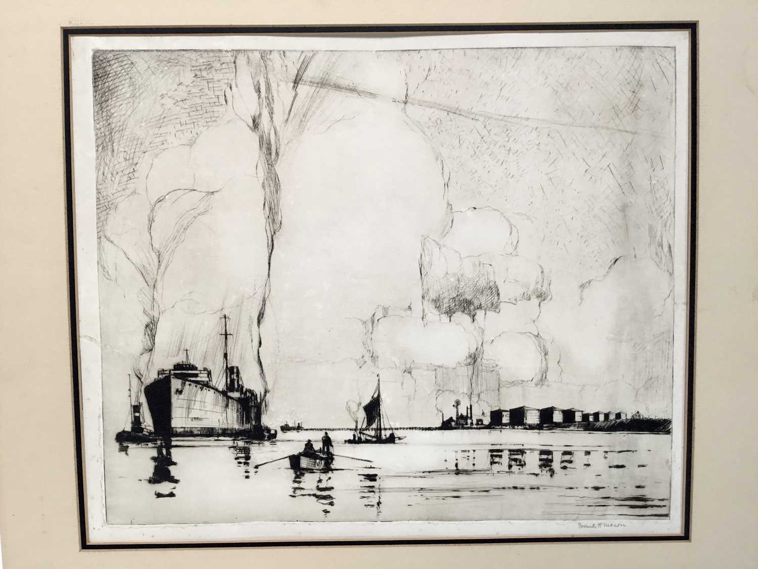 Frank Mason (1876-1965) signed black and white etching - shipping and other craft, 38cm x 45cm, moun - Image 4 of 8