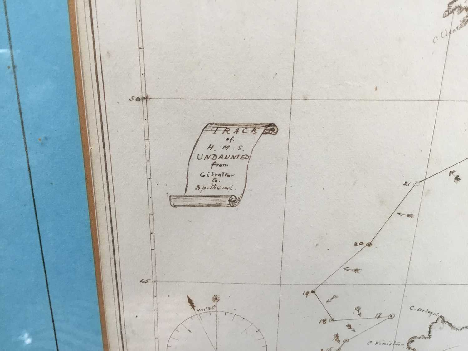 Lt. Robertson R.N., 1870s pen and ink map, 'Track of H.M.S. Undaunted from Gibraltar to Spithead', 2 - Image 5 of 7