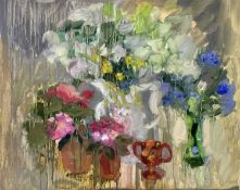 Annelise Firth (b.1961) oil on board - ‘Spring still life with camellia bluebells and cow parsley’ s