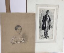 Randolph Caldecot sketch, together with a portrait of a young girl by A C Turnball