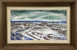 Ruth Savours Rowbotham, oil on board - ‘View of Stamford from Distance’, signed, 24.5cm x 13cm, fram