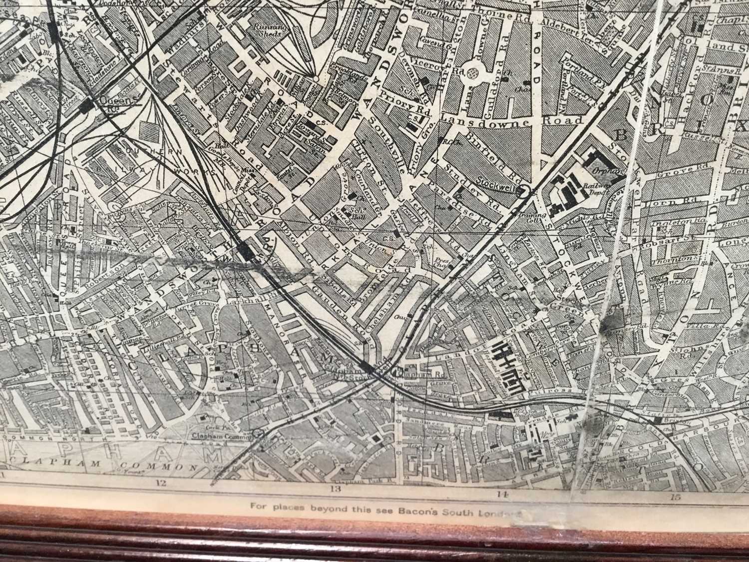 Bacons Map of Central London, pub. London, stuck down on paper, image 97cm x 73cm in glazed frame - Image 8 of 11