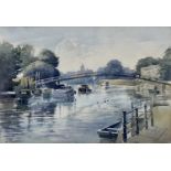 Albert Houghton watercolour - Footbridge to Eel-Pie Island, Twickenham, signed, 27cm x 38cm, in glaz