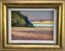 James Hewitt (b. 1934) oil on card - ‘August Fields and River’, signed, 2005, framed