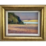 James Hewitt (b. 1934) oil on card - ‘August Fields and River’, signed, 2005, framed