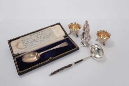 George III silver toddy ladle, (London 1814), together with a silver spoon in fitted case, pair of s