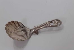 Victorian silver shell bowl caddy spoon with vine decorated handle, Birmingham 1852, George Unite 8c