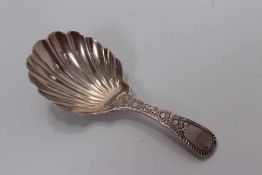 Victorian silver shell bowl caddy spoon with floral engraved handle, London 1894, George Mandsley Ja
