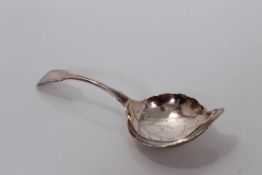 Victorian silver leaf-shaped caddy spoon with bright cut veins to bowl and shell and fiddle handle,