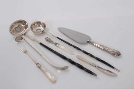 Two Georgian silver toddy ladles, the bases set with coins, together with a Victorian silver pickle