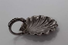 Victorian silver vine leaf bowl caddy spoon with scroll vine and grape handle, Birmingham 1865, make