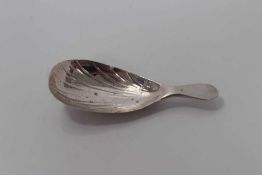 George III Irish elongated shell bowl caddy spoon with short handle, Dublin 1819, James England 9cm