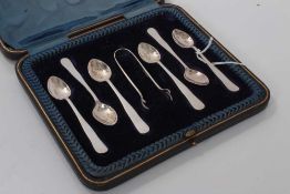 Set of six George V silver coffee spoons together with matching sugar tongs, (Sheffield 1912), maker