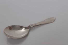 Georg Jensen silver hand finished caddy spoon with tear drop handle, marked Georg Jensen 925.S, impo