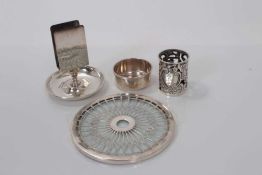 George V silver overlaid glass teapot stand, (Birmingham 1922), together with a silver scent bottle