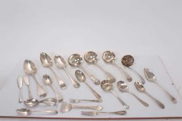 Three Georgian silver table spoons, together with silver ladles, teaspoons and other flatware (vario