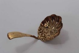 George III silver gilt caddy spoon with embossed fruit bowl and fiddle handle- Birmingham 1813, make