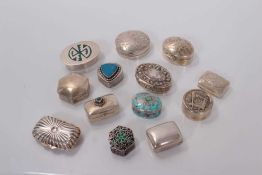 Group of thirteen contemporary silver and white metal pill boxes, some with enamel decoration, mostl