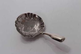 Victorian silver circular bowl caddy spoon with engraved decoration, Birmingham 1864, Hilliard & Tho