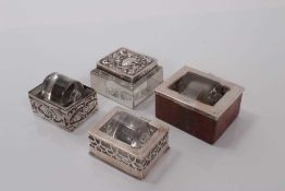 Edwardian silver mounted glass stamp box and three silver mounted glass stamp water rollers (4)