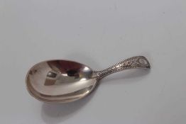 Victorian silver teardrop bowl caddy spoon with engraved floral handle, London 1870, George Adams 8.