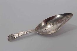 George III silver leaf bowl caddy spoon with bright cut handle, London 1802; Maker possibly Thomas W