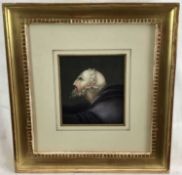 Finely painted 19th century gouache on paper, characterful monk, 11.5cm x 10cm, in gilt frame.