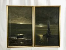 Early 20th century pair of oils on canvas Boat on the shore, indistinctly signed.