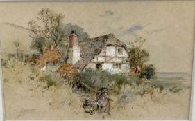 William Stephen Coleman (1829-1904) watercolour - figures before a cottage signed, 10.5cm x 16cm, in