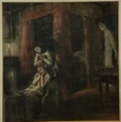 Charles Shannon R.A. pastel sketch - interior, 33cm x 34cm, mounted in glazed frame