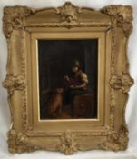 English School 19th century, oil on panel, Boy with dog, 15cm x 21cm in gilt frame