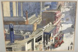 English School watercolour scene South Kensington with London bus, 25cm x 34cm